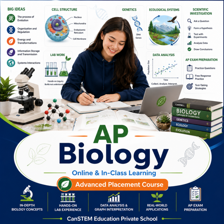 AP Biology course image showing a student studying cells, genetics, ecosystems, lab work, data analysis, and AP exam preparation.