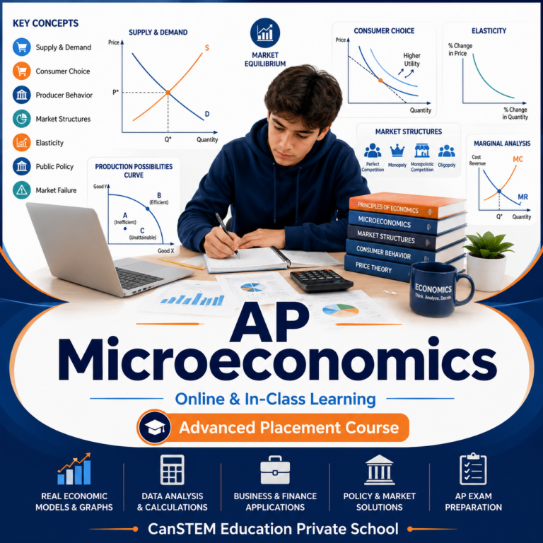 AP Microeconomics course feature image for CanSTEM Education showing a student studying supply and demand, consumer choice, market structures, graphs, data analysis, and AP exam preparation.