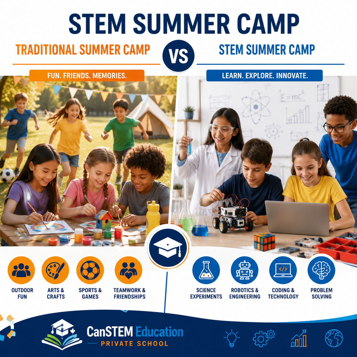 Children comparing STEM summer camp activities with traditional summer camp activities at CanSTEM Education.